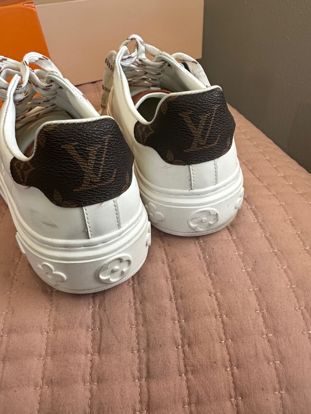 Louis Vuitton White Leather Sneakers with Brown Monogram Detail - Picture 6 of 9